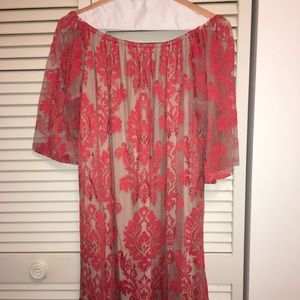 Coral & Mesh Patter Off the Shoulder Dress